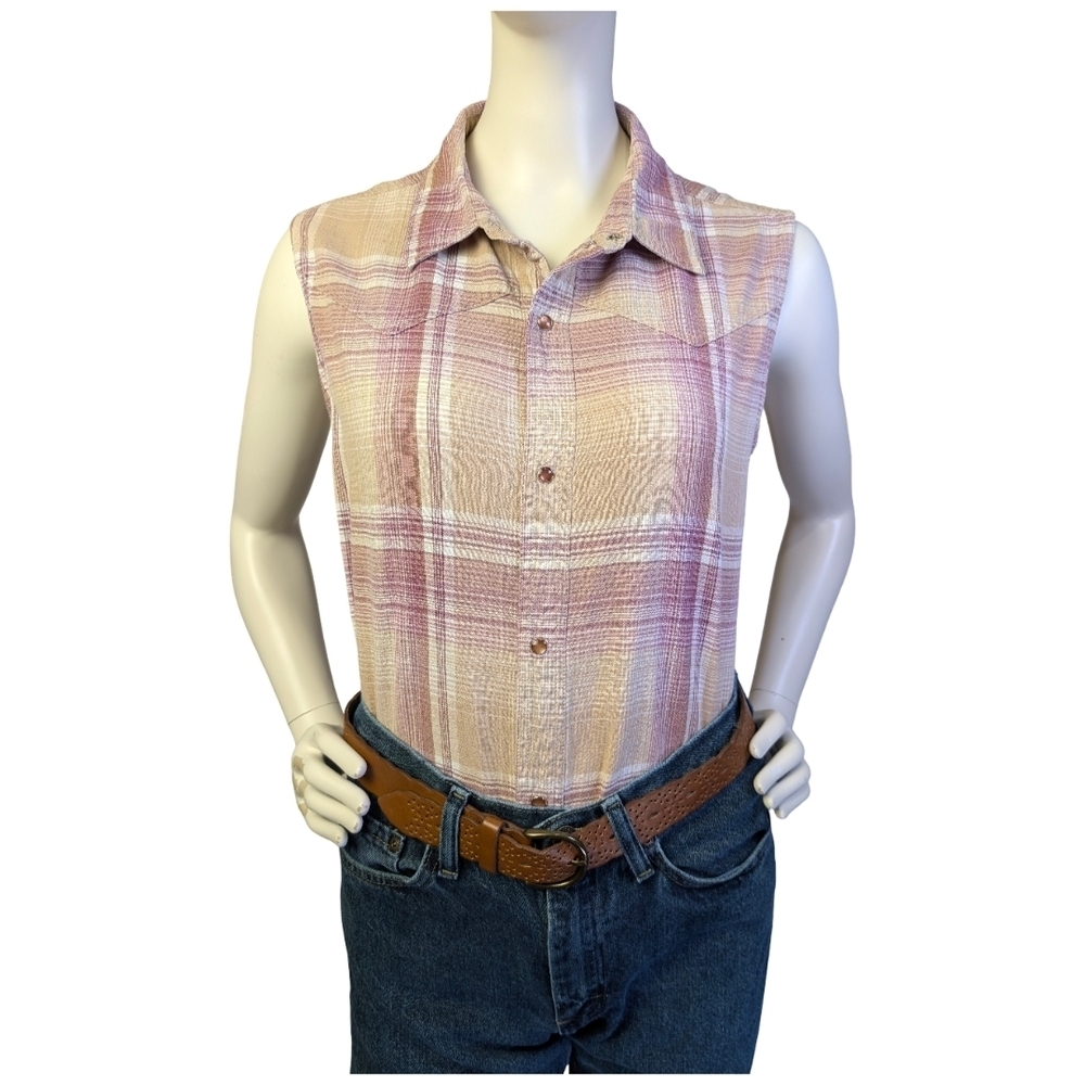 Western Sleeveless Plaid Pearl Snap Top | Mauve Beige | Rodeo | Size Medium